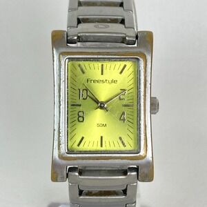 Freestyle Tank Watch Women Silver Tone 22mm Green Dial WR 50M New Battery 7"